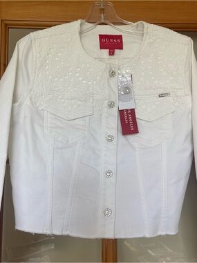 GUESS NWT White Jacket with Crystal Rhinestone Buttons and with shorter design